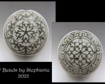 SCROLLS - White, Black & Grey –  Sandblasted Lampwork Focal Bead  –  Made to Order - by Stephanie Gough sra