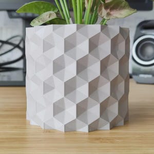May include: A light gray geometric planter with a repeating pattern of three-dimensional shapes. The planter holds a green plant with pink-tinged leaves. The planter is cylindrical and sits on a wooden surface.