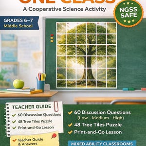 以下が含まれることがあります： 「ONE TREE, ONE CLASS」と題された教育的な科学活動ポスター。木のパズルが含まれています。教師用ガイド、ディスカッションの質問、木のタイルのパズル、すぐに使えるレッスンが含まれています。6〜7年生向けです。