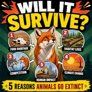 May include: A vibrant illustration features a red fox looking upwards, surrounded by circular images detailing threats to animals. Text reads "WILL IT SURVIVE?" and "5 REASONS ANIMALS GO EXTINCT." The circles depict food shortage, habitat loss, competition, climate change, and human impact.