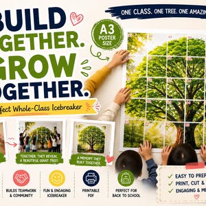 May include: A collaborative A3 poster activity featuring a large tree image divided into a grid. The text reads: BUILD TOGETHER. GROW TOGETHER. ONE CLASS. ONE TREE. ONE AMAZING TEAM. The design includes icons for teamwork, printing, and classroom engagement.