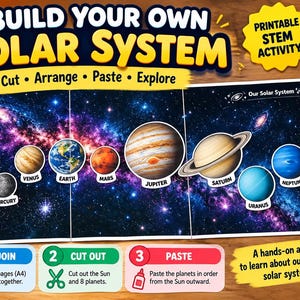 Könnte beinhalten: Ein druckbares MINT-Aktivitätsset mit dem Titel Build Your Own Solar System, das einen Galaxie-Hintergrund, ausschneidbare Illustrationen der Sonne und der acht Planeten sowie Anleitungen zum Drucken, Schneiden und Kleben enthält.