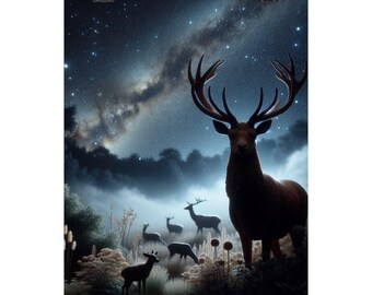 Póster vertical mate de ciervo bajo la Vía Láctea / Bosque de ciervos en el cielo nocturno