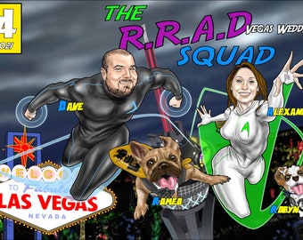 COMIC BOOK Cover , Superhero Cartoon Caricature Pet Dogs Cats Drawing of Family Digital Personalized LISTING