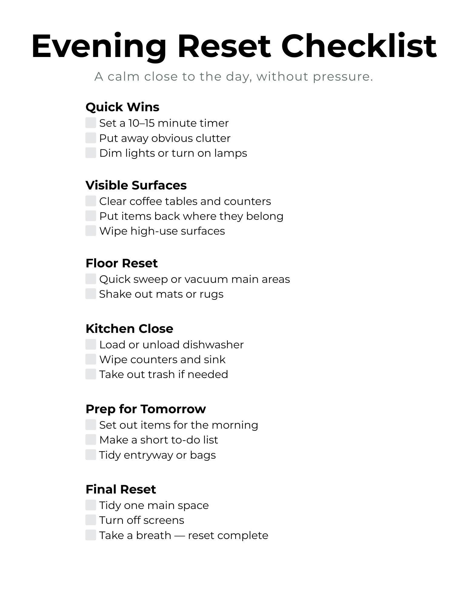 Evening Reset Checklist Printable | Nightly Home Reset Routine | Simple ...