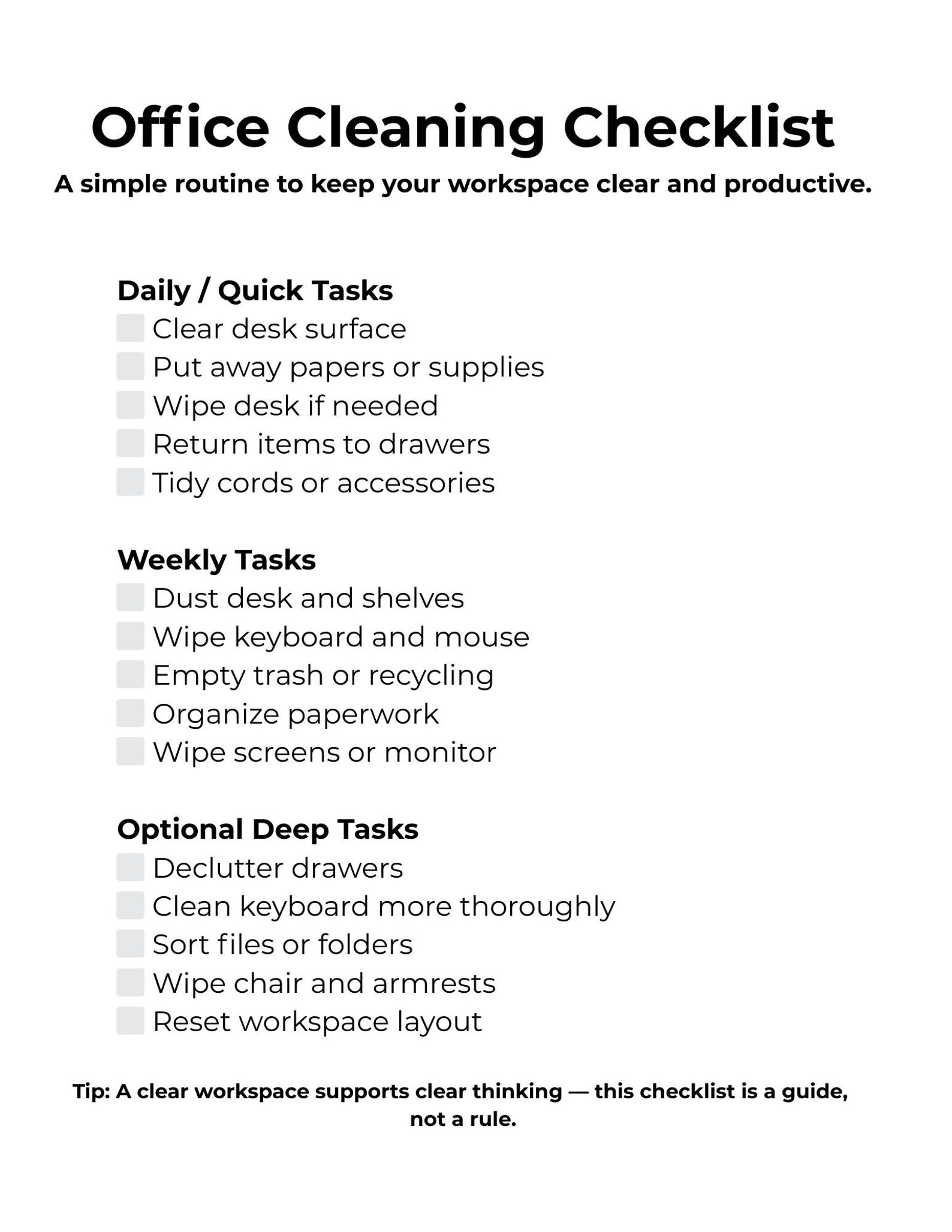 Office Cleaning Checklist Printable | Workspace Cleaning Routine | Home ...