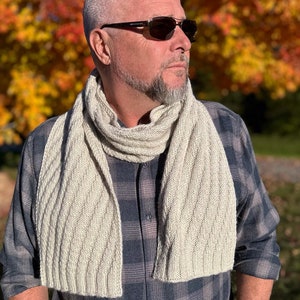 May include: A man wearing a plaid shirt and a white knitted scarf. He is wearing sunglasses and has a beard. The background is a blurry image of fall foliage.