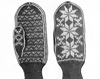 Vintage Fair Isle Mittens Snowflake Design Knitting Pattern PDF