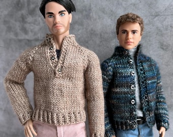 Male Fashion Doll Sweater Knitting PATTERN PDF | Fits Mattel Ken / Integrity Homme | Seamless Fingering weight | Base Camp Cardigan & Henley