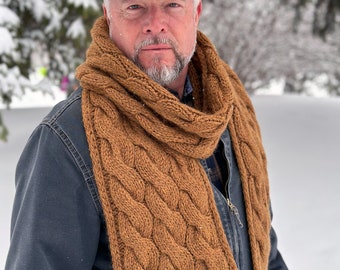 Chunky Cable Knit Scarf Knitting PATTERN PDF | Bulky Winter Wrap for Intermediate Knitters | Mens Thick Cabled Scarf | Cinnamon Swirl Scarf