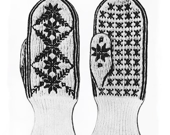 Vintage Fair Isle Mittens Pine Boughs and Snow Flakes Knitting Pattern PDF