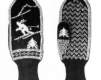 Vintage Fair Isle Mittens Knitting PATTERN PDF: Downhill Skier MIttens