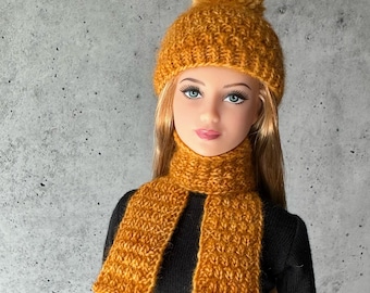 Textured Beanie and Scarf Knitting Pattern PDF | 1/6 Scale Doll Hat and Scarf Knit | Lace Yarn Fits Barbie and Integrity - Tangerine Fire