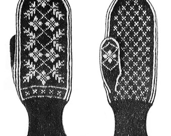 Vintage Fair Isle Mittens Snowflakes and Pine Boughs Knitting Pattern PDF