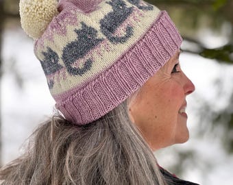 Worsted Fair Isle Colorwork Cat Beanie Knitting PATTERN PDF: Silver Tabby Hat