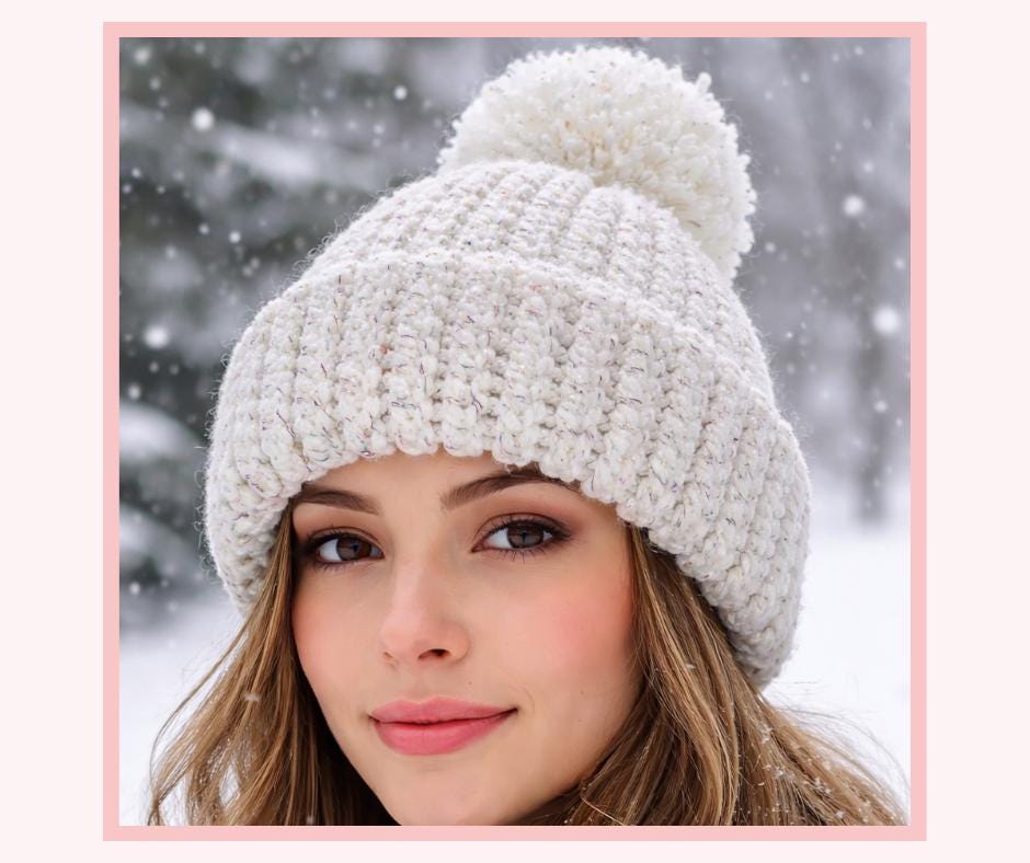 Handmade Knit Brim Beanie Wool Acrylic Hat with Detachable Pom