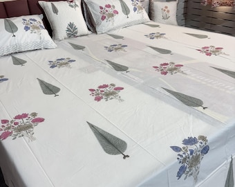 Floral Cotton Bedsheet with Pillow Covers | Handblock Printed Bedsheet Set | Soft Breathable Bedding | King Size Flat Sheet