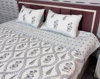 Juego de funda de cama reversible de algodón acolchado con estampado a mano