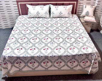 Juego de sábanas de algodón con estampado a mano, sábana plana Jaipuri con fundas de almohada, ropa de cama para dormitorio, sábana tamaño Queen (90*108)