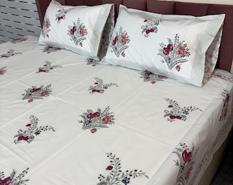 Pure Cotton Anar Floral Jaipuri Handblock Printed Bedsheets With Pillow Covers (King Size)