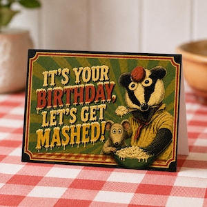 Bodger & Badger Birthday Card, Funny Food Pun, A6 Mashed Potato Chaos