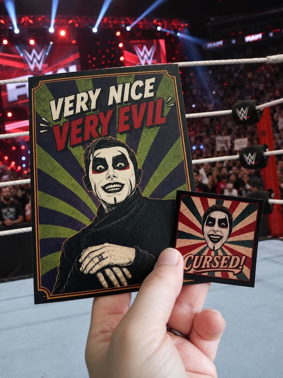 Danhausen Very Nice Very Evil Retro Wrestling A6 Card & 'Cursed!' Magnet and Sticker, Vintage Style