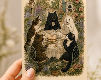 Whimsical Cat Tea Party Illustration Greeting Card, Vintage Style (A6)