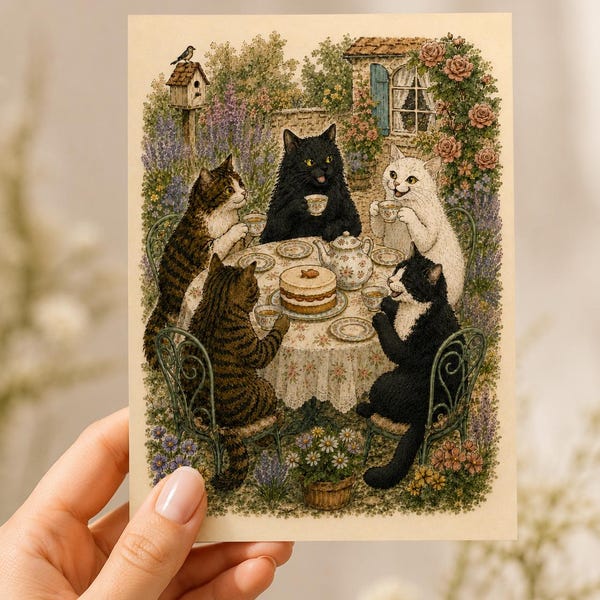 Whimsical Cat Tea Party Illustration Greeting Card, Vintage Style (A6)