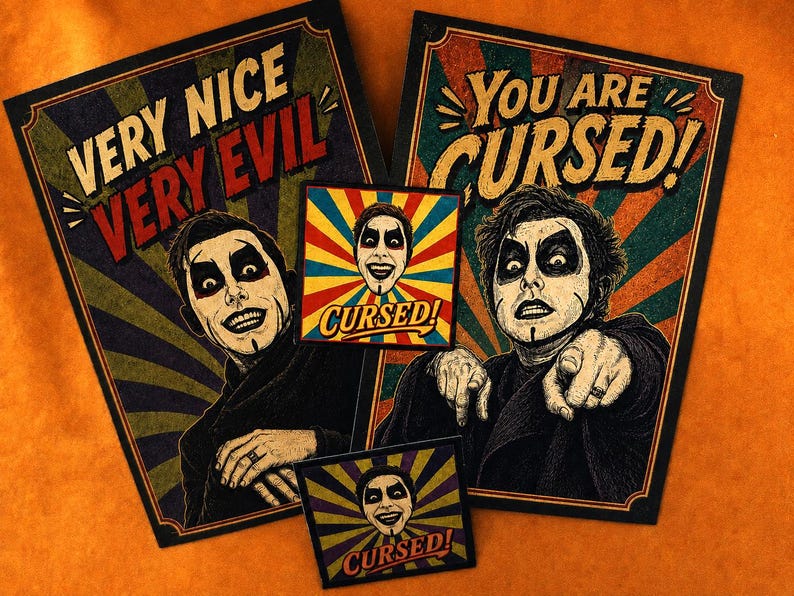 May include: Two rectangular posters and two square stickers featuring a person with dark eye makeup. One poster reads VERY NICE VERY EVIL, the other YOU ARE CURSED. The stickers feature the same person with the text CURSED in a colorful sunburst design.