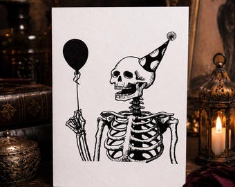 Tarjeta de cumpleaños con esqueleto divertido, regalo alternativo gótico de humor negro