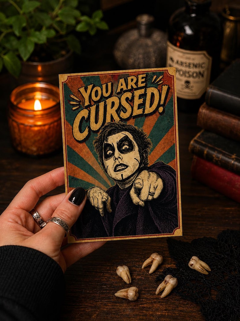 May include: A rectangular postcard featuring a vintage-style illustration of a person with dark makeup pointing forward. The text YOU ARE CURSED! is printed in bold yellow letters at the top against a background of teal and orange sunburst rays.