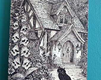 Gothic Cottage Black Cat Card, Dark Cottagecore Garden Illustration (A6 Greeting Card)