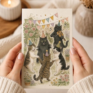 Carte de voeux lunatique de fête de chat, illustration d'anniversaire de félin de violoniste, style vintage (A6)
