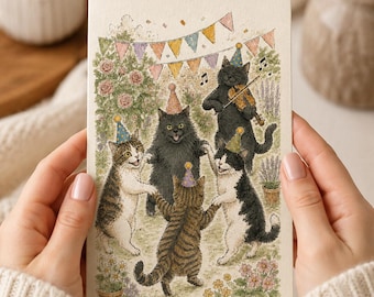 Whimsical Cat Garden Party Greeting Card, Violinist Feline Birthday Illustration, Vintage Style (A6)