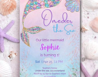 Oneder the Sea Geburtstagseinladung | Bearbeitbare Canva Mermaid Vorlage | Sofort Download