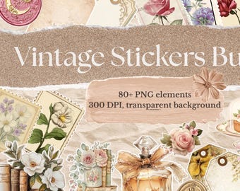 Vintage Stickers Bundle, Floral, Schriftzüge, Teatime, Wachssiegel, Scrapbook-Elemente (80+ PNG)