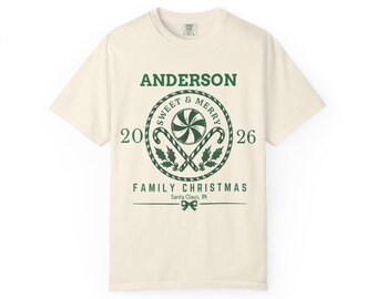 ペパーミントキャンディケーンクレストファミリークリスマスTシャツ｜名入れオプションあり