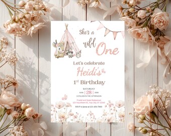 Boho Woodland Geburtstag Vorlage | Bearbeitbare Canva Einladung | Waldtiere Baby Geburtstag | Sofort Download