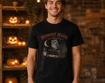 ミッドナイト・マジック・アポセカリー ハロウィンTシャツ | フクロウ、月、薬瓶、ハーブ
