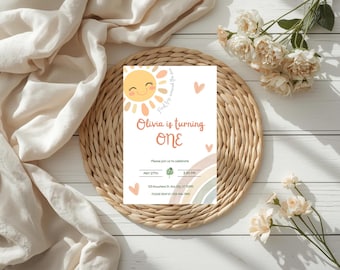 Sonnenschein Thema 1st Birthday Template Bundle, Herzen und Regenbogen, Boho Style (Canva Template)