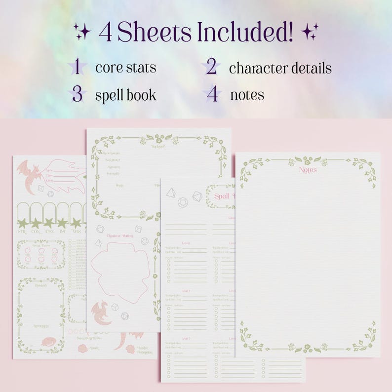 DnD 5e Cottagecore Character Sheet – Dragon's Veil (PDF Printable/Fillable) – A4 and US Letter image 2