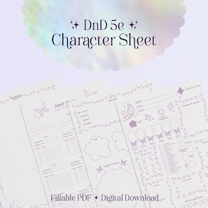 DnD 5e Cottagecore Character Sheet – Lilac Fairy (PDF Printable/Fillable) – A4 and US Letter