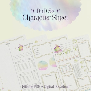 Op de afbeelding: Karakterbladen voor Dungeons & Dragons 5e, met de tekst "DnD 5e Character Sheet". De bladen hebben een grillig ontwerp met illustraties van paddenstoelen en een tovenaar. De tekst "Fillable PDF + Digital Download" is ook zichtbaar.