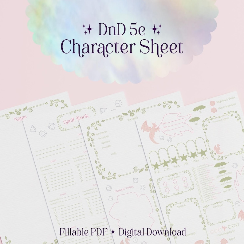 DnD 5e Cottagecore Character Sheet – Dragon's Veil (PDF Printable/Fillable) – A4 and US Letter image 1