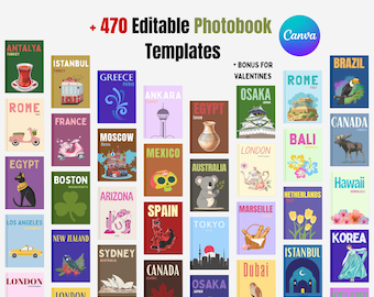 Paquete de plantillas de Canva para portadas de álbumes de fotos de viajes editables con más de 470 diseños para más de 25 países (descarga digital)