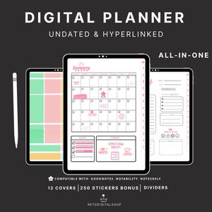 Könnte beinhalten: Digitaler Planer auf drei Tablets. Das zentrale Tablet zeigt einen Januar-Kalender mit rosa und weißen Akzenten. Der Text "UNDATED & HYPERLINKED" und "ALL-IN-ONE" sind sichtbar. Ein Stift befindet sich links.