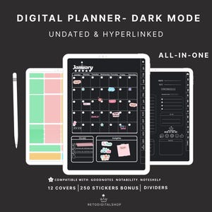 Dark Mode Digital Planner for GoodNotes, iPad & Android, Hyperlinked , Monthly and Weekly Planne, Journal with Stickers