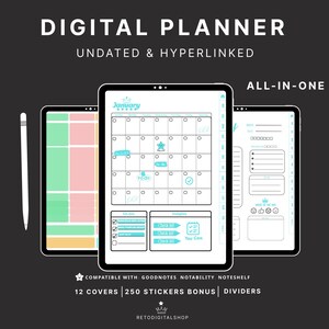 Könnte beinhalten: Digitaler Planer auf einem Tablet, mit einem undatierten und verlinkten Kalenderlayout. Der Bildschirm zeigt einen Januar-Kalender mit To-Do-Listen und Kontrollkästchen. Enthält 12 Cover, 250 Sticker und Trennwände. Kompatibel mit Goodnotes, Notability und Noteshelf.