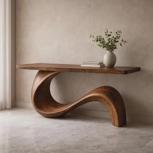 Op de afbeelding: Een houten console met een uniek, vloeiend ontwerp. De tafel heeft een lange, rechthoekige bovenkant die wordt ondersteund door een gebogen voet. Een kleine witte vaas met groen en een stapel boeken staan op het oppervlak. Het hout heeft een warme, natuurlijke afwerking.