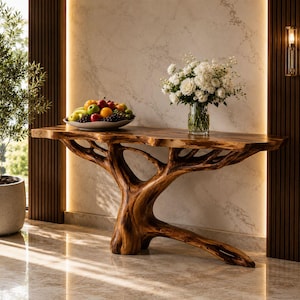 Op de afbeelding: Een unieke houten console met een boomachtige basis en een blad met een natuurlijke rand. De tafel is gemaakt van donkerbruin hout en is versierd met een fruitschaal en een vaas met witte bloemen. De tafel is ongeveer 183 cm lang.